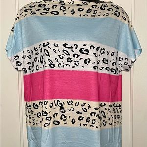 New Women’s Plus Size & Regular Size Coloblock Top In Pink, Blue & Leopard Print